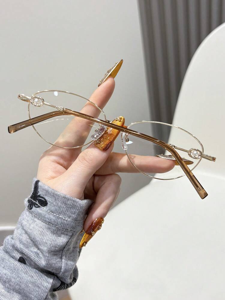 1pc Women's Oval Metal Frame Glasses, Cute College Style Decorative Non-Prescription Glasses