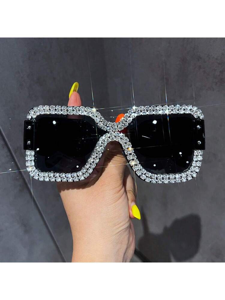 1pc Women Oversized Square Frame Rhinestone Fashion Glasses