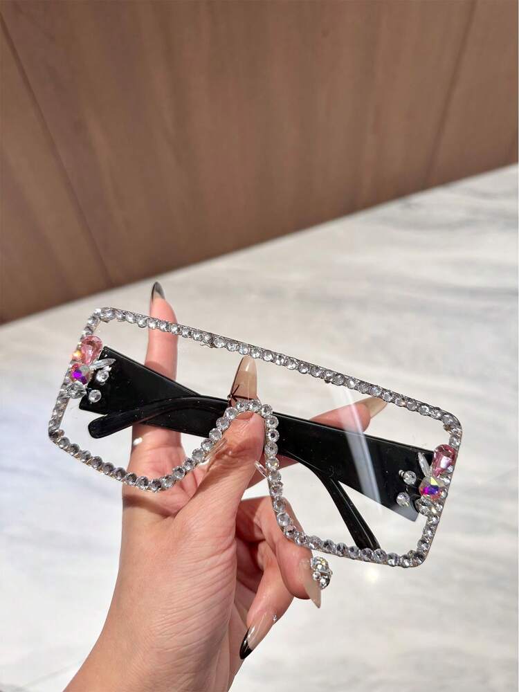 1pc Big Frame Rhinestone Integrated Windproof Fashion Glasses, Suitable For Outdoor Cycling
