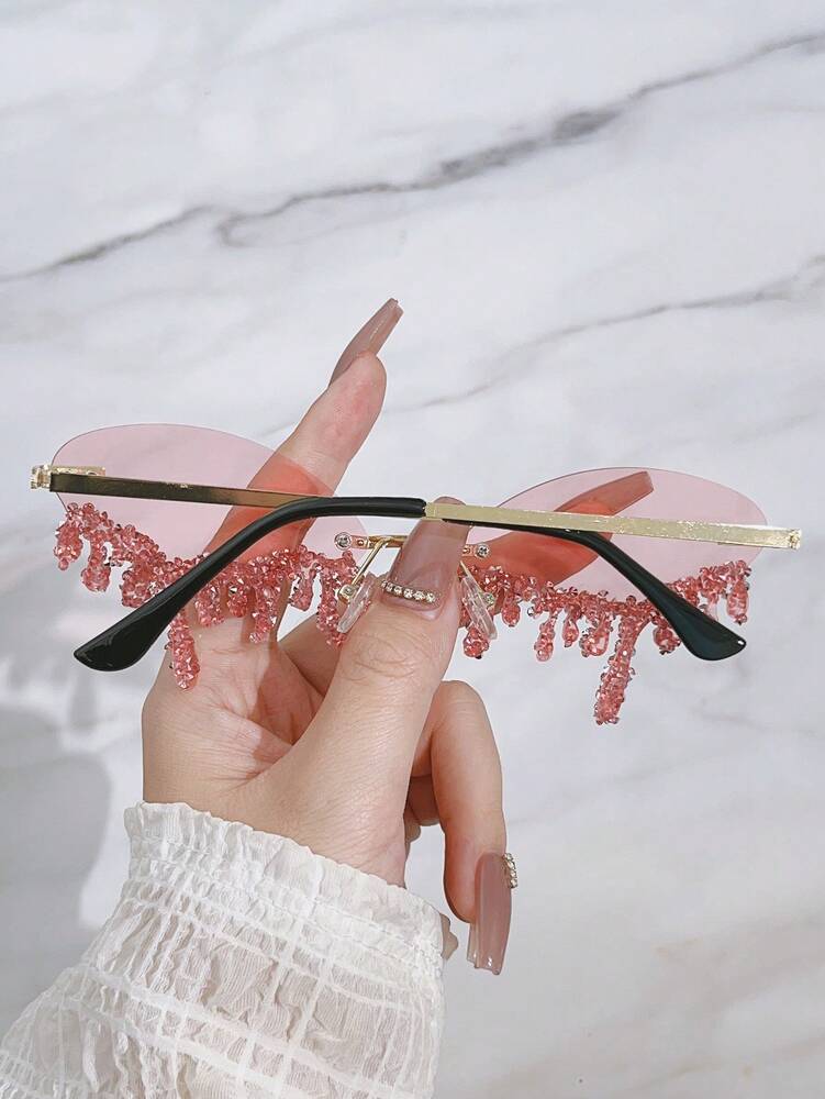 1 Pair Metal-Free Rimless Angel Teardrop Handset Rhinestone Fashionable Eyeglasses For Party & Fashion