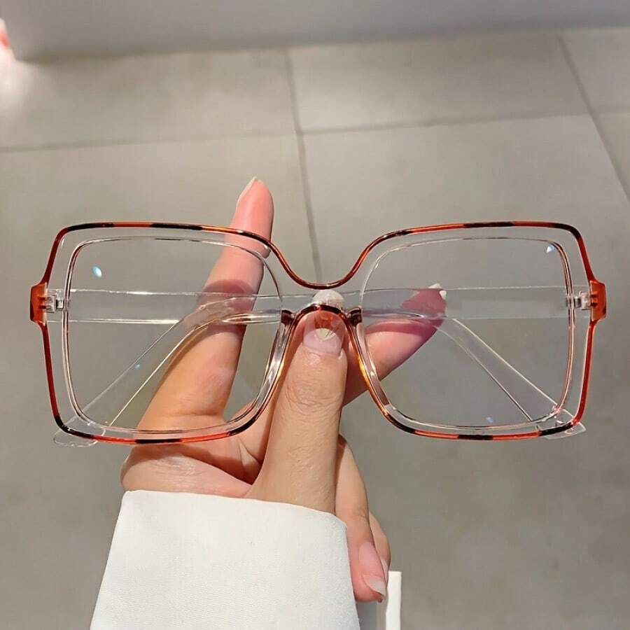 1 Pair Women’s Color Block Square Frame Non-Prescription Glasses – New Fashion Solid Color Decorative Eyewear