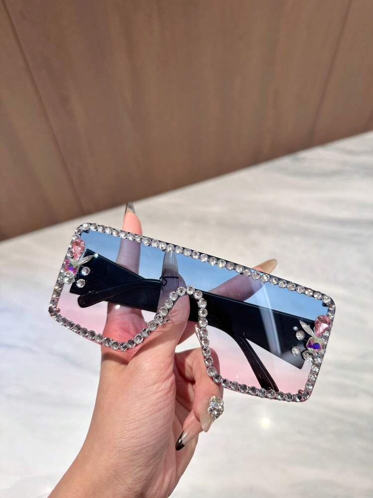 1pc Big Frame Rhinestone Integrated Windproof Fashion Glasses, Suitable For Outdoor Cycling