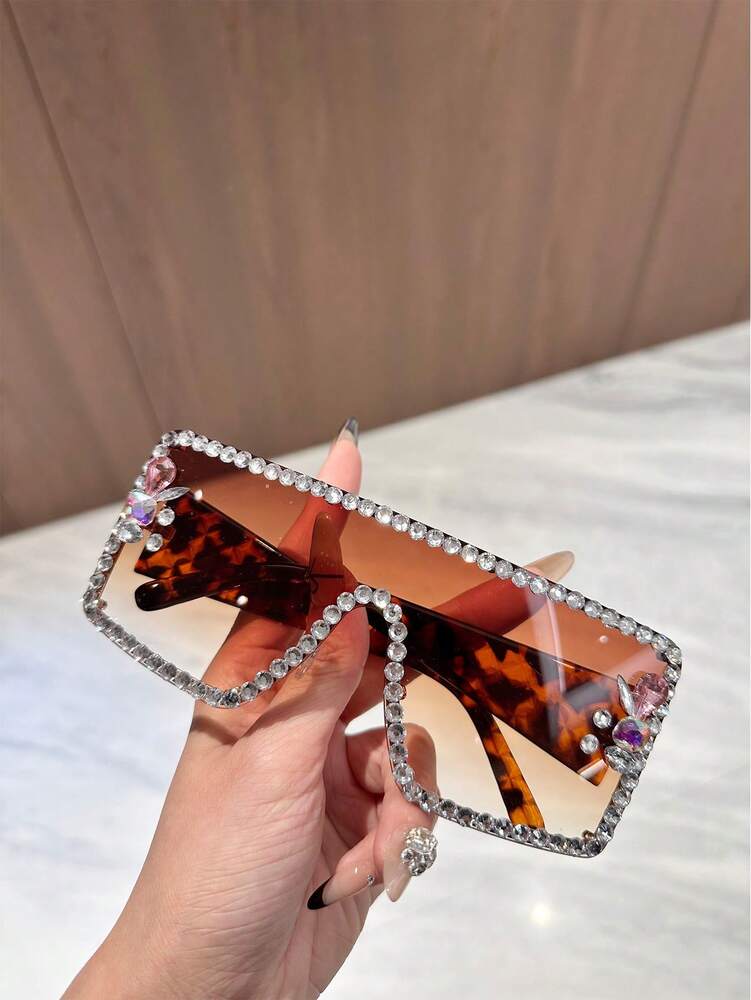 1pc Big Frame Rhinestone Integrated Windproof Fashion Glasses, Suitable For Outdoor Cycling