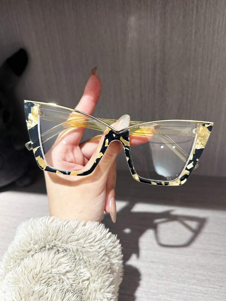 1 Pair Floral Multicolor Cat Eye Semi-Rimless Metal Glasses, Elegant & Fashionable Boho Style Everyday Wear