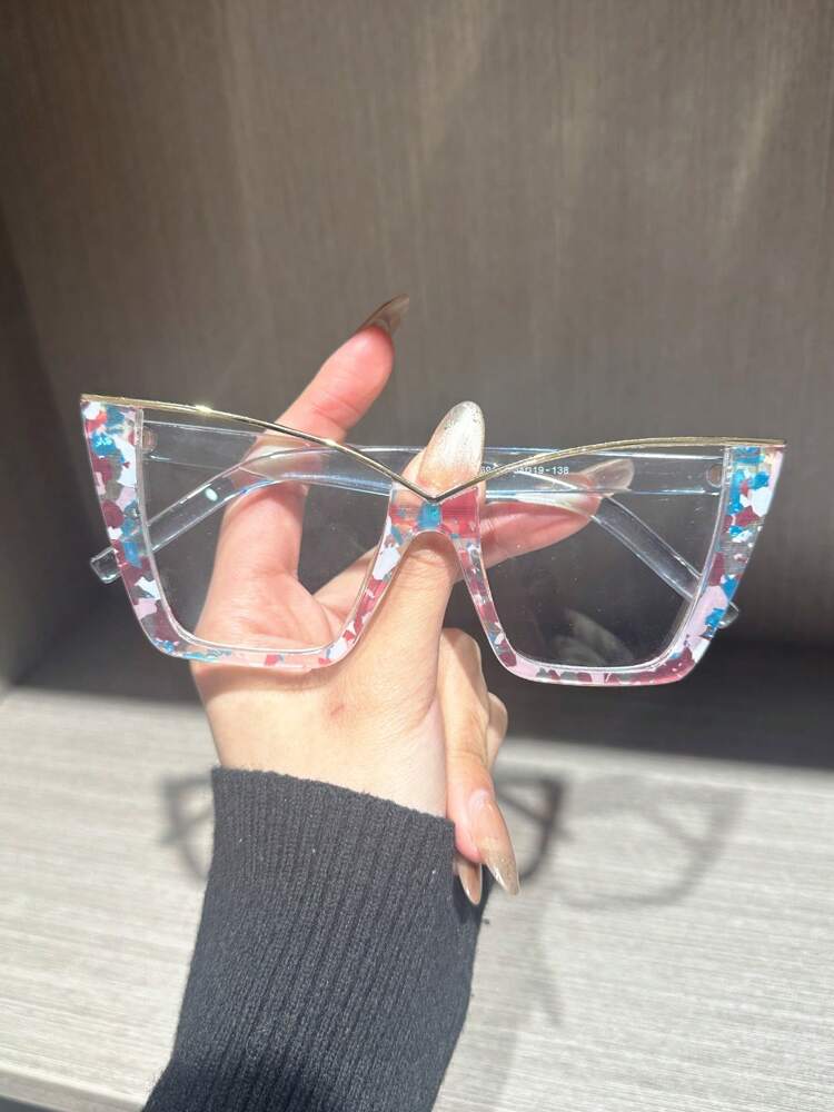 1 Pair Floral Multicolor Cat Eye Semi-Rimless Metal Glasses, Elegant & Fashionable Boho Style Everyday Wear