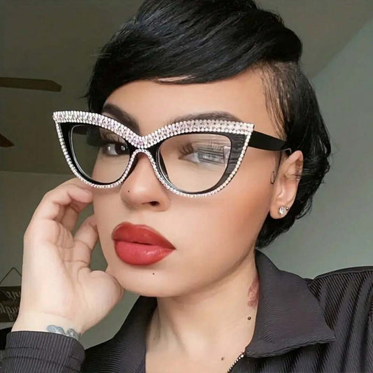 Women's Elegant Cat Eye Frame – Beige Tone with Shiny Rhinestone Decoration