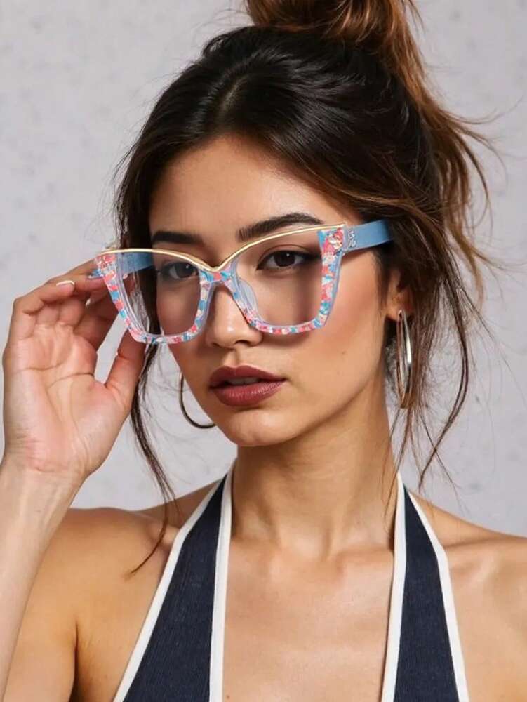 1 Pair Floral Multicolor Cat Eye Semi-Rimless Metal Glasses, Elegant & Fashionable Boho Style Everyday Wear