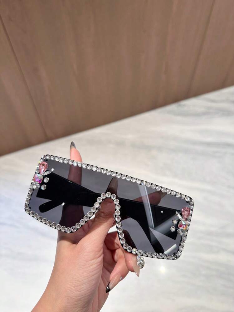 1pc Big Frame Rhinestone Integrated Windproof Fashion Glasses, Suitable For Outdoor Cycling