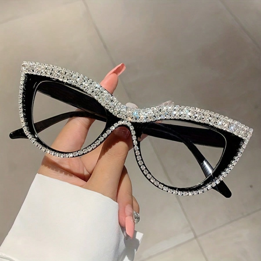 Women's Elegant Cat Eye Frame – Beige Tone with Shiny Rhinestone Decoration