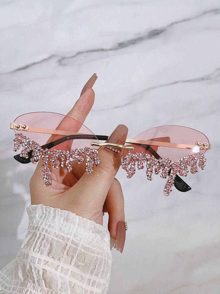 1 Pair Metal-Free Rimless Angel Teardrop Handset Rhinestone Fashionable Eyeglasses For Party & Fashion