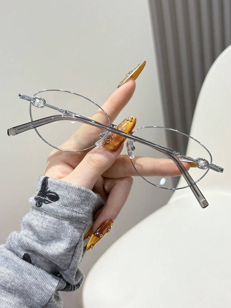 1pc Women's Oval Metal Frame Glasses, Cute College Style Decorative Non-Prescription Glasses