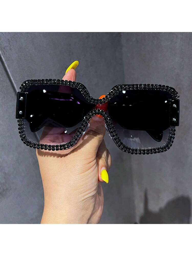 1pc Women Oversized Square Frame Rhinestone Fashion Glasses