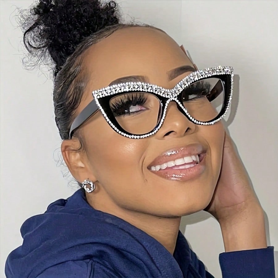 Women's Elegant Cat Eye Frame – Beige Tone with Shiny Rhinestone Decoration