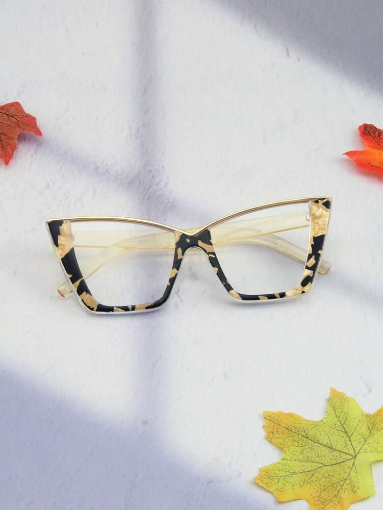 1 Pair Floral Multicolor Cat Eye Semi-Rimless Metal Glasses, Elegant & Fashionable Boho Style Everyday Wear