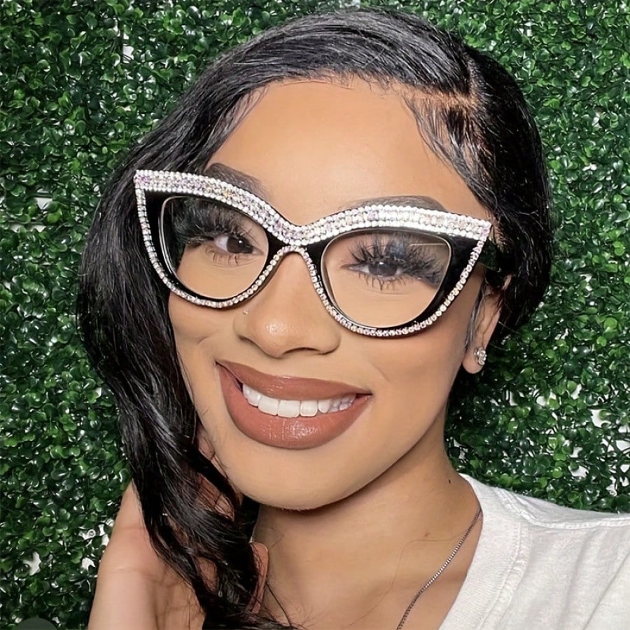 Women's Elegant Cat Eye Frame – Beige Tone with Shiny Rhinestone Decoration