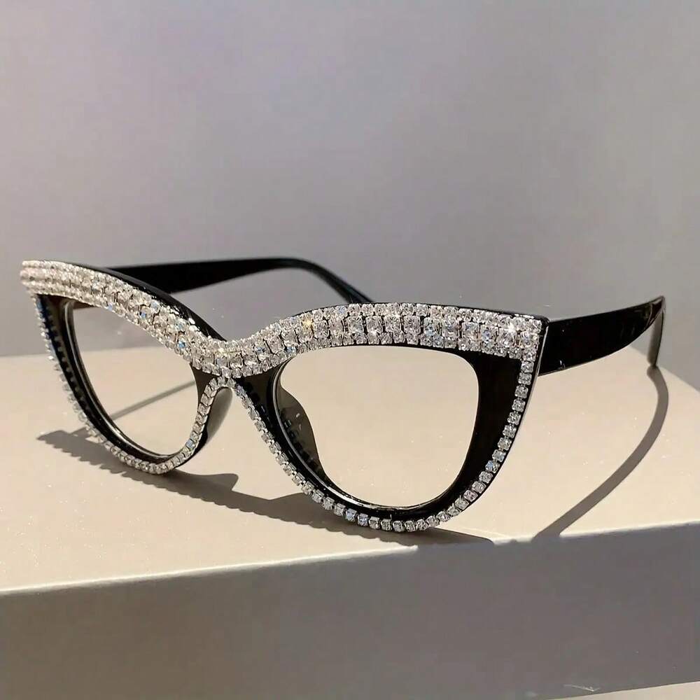 Women's Elegant Cat Eye Frame – Beige Tone with Shiny Rhinestone Decoration