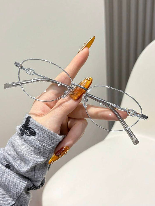 1pc Women's Oval Metal Frame Glasses, Cute College Style Decorative Non-Prescription Glasses