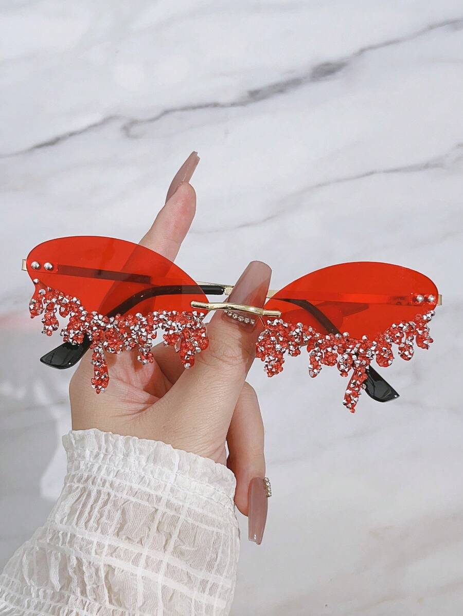 1 Pair Metal-Free Rimless Angel Teardrop Handset Rhinestone Fashionable Eyeglasses For Party & Fashion