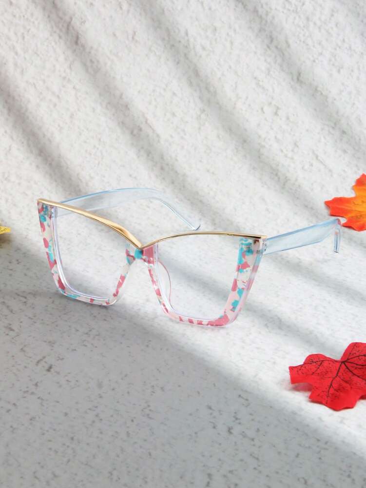 1 Pair Floral Multicolor Cat Eye Semi-Rimless Metal Glasses, Elegant & Fashionable Boho Style Everyday Wear
