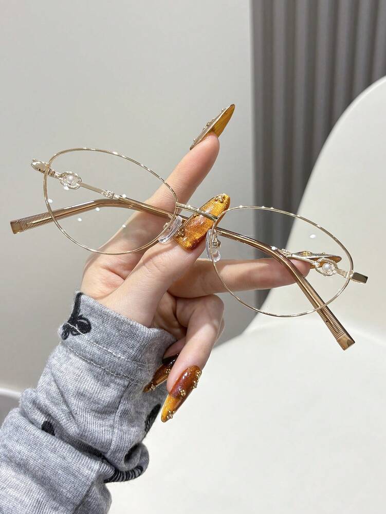 1pc Women's Oval Metal Frame Glasses, Cute College Style Decorative Non-Prescription Glasses