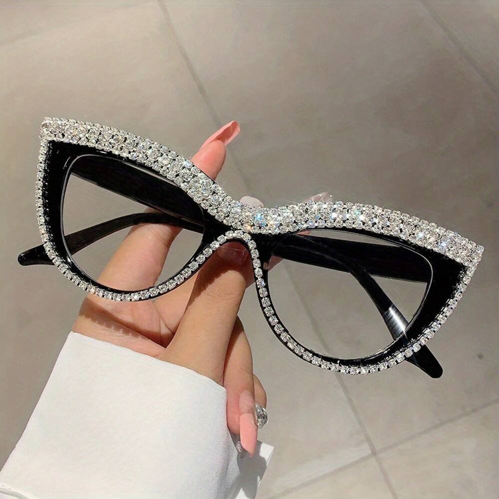 Women's Elegant Cat Eye Frame – Beige Tone with Shiny Rhinestone Decoration