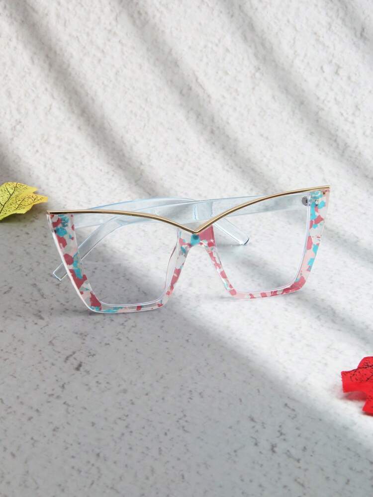 1 Pair Floral Multicolor Cat Eye Semi-Rimless Metal Glasses, Elegant & Fashionable Boho Style Everyday Wear